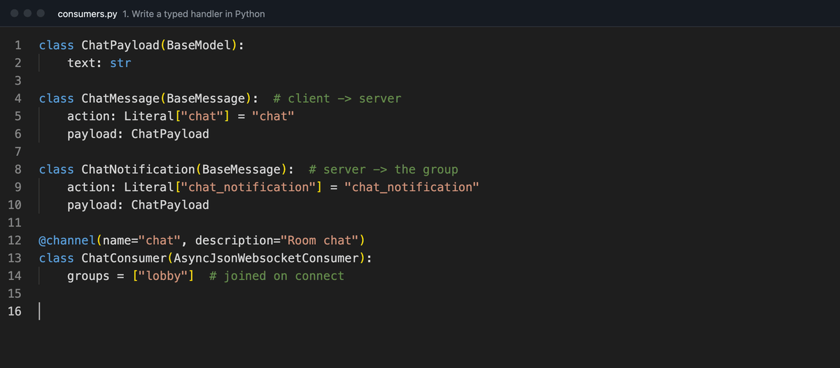 A typed Python handler, the AsyncAPI docs Chanx generates from it, generating a TypeScript client, and that client catching a typo